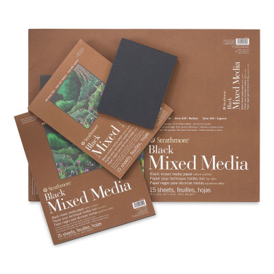 Strathmore 400 Series Black Mixed Media Pads - Four sizes of pads shown with one open