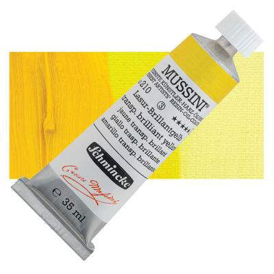 Schmincke Mussini Oil Color - Transparent Brilliant Yellow, 35 ml, Swatch with Tube