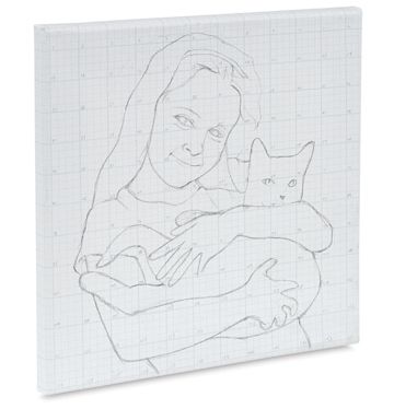 Open in modal - Artist Grid Canvas - Angled canvas with sketch of child holding cat