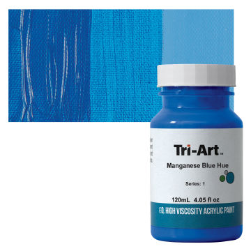 Tri-Art High Viscosity Artist Acrylic - Manganese Blue Hue, 120 ml jar with swatch