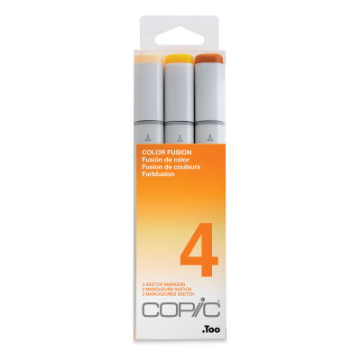 Copic Sketch Markers, Set of 3. Color Fusion 4. Front of package, yellow to orange colors.