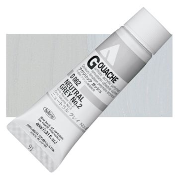 Open in modal - Holbein Acrylic Gouache - Neutral Grey 2, 40 ml tube and swatch