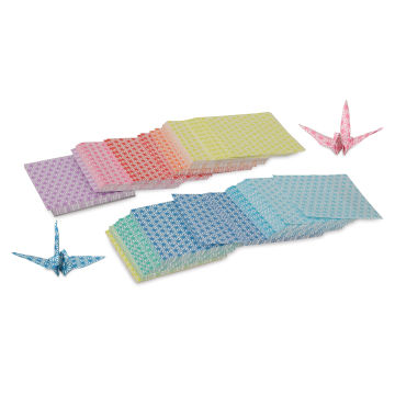Aitoh Chiyogami Star Pattern Thousand Cranes Origami Kit (origami papers laid out with two finished origami cranes)