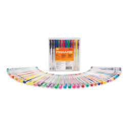 Fiskars Gel Pen Set - 48 color pens shown in semicircle in front of package