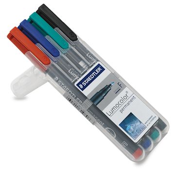 Open in modal - Staedtler Lumocolor Permanent Marker Sets - Set of 4 Assorted Fine Tip Colors shown in open package