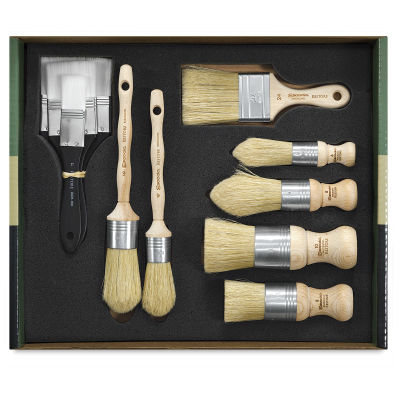 Escoda Restore Premium Brushes - Components of Set of 10 Assorted brushes shown in tray
