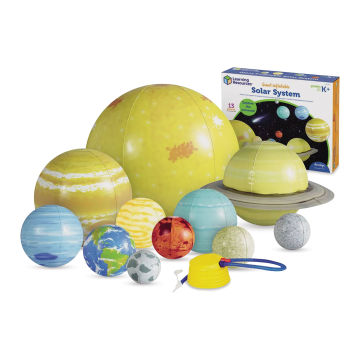 Learning Resources Giant Inflatable Solar System Set, planets displayed in front of the packaging. 
