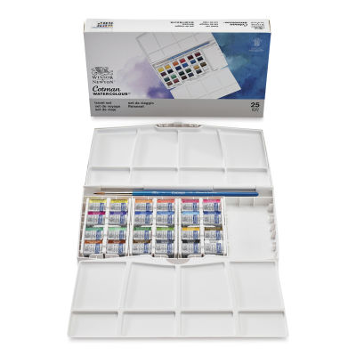 Winsor & Newton Cotman Watercolor Set - Travel Set, Set of 24, Assorted Colors, Half Pans (Front of packaging shown with open set)