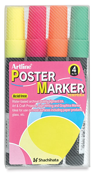 Artline Poster Markers, 30 mm Writing Width, Neon Colors, 4 Pack (EPP-30-4W3)