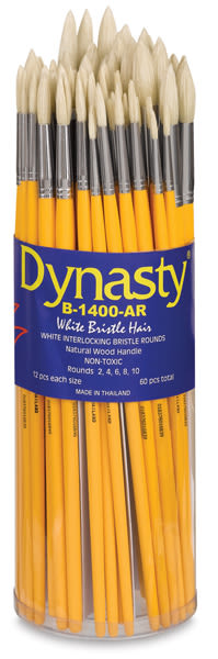 Dynasty Natural White Bristle Assortments - Front of canister of 60 assorted Round brushes