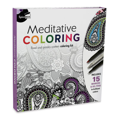 SpiceBox Sketch Plus Deluxe Meditative Adult Coloring Kit (Front of packaging, Angled view)
