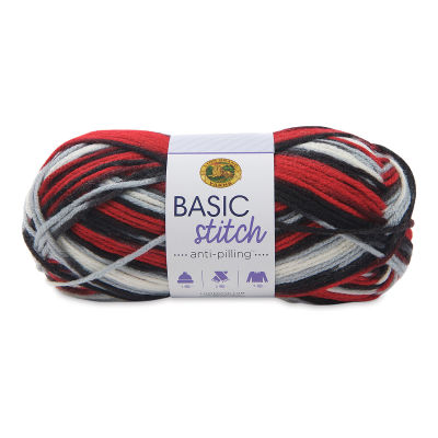 Lion Brand Basic Stitch Anti-Pilling Yarn - Skein of Red/White/Black Buffalo Hill Color shown