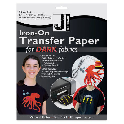 Jacquard Iron-On Transfer Paper - Front of package of 3 sheets for Dark Color fabric