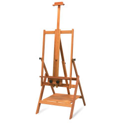 Richeson Lyptus Wood Lobo Easel - Angled view of upright easel showing extended mast, storage shelf
