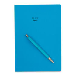 Stifflex Journal with Caran d’Ache Infinite Ballpoint Pen - Blue Lagoon, 9-1/2" x 6-1/2", 80 gsm (Front cover with pen)