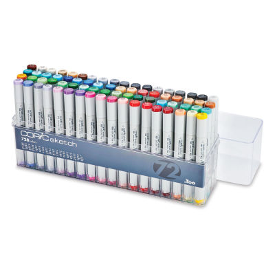Copic Sketch Markers, Set of 72, Set B. Clear package, anime and flesh tones, 4 rows marker rows, lid off.