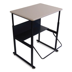 Safco AlphaBetter Stand-Up Desks- Left angle of desk showing Beige surface and swinging footrest