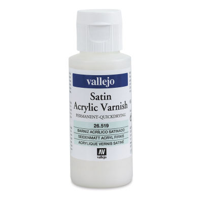 Vallejo Permanent Acrylic Varnish - Front of 60 ml Satin Varnish bottle