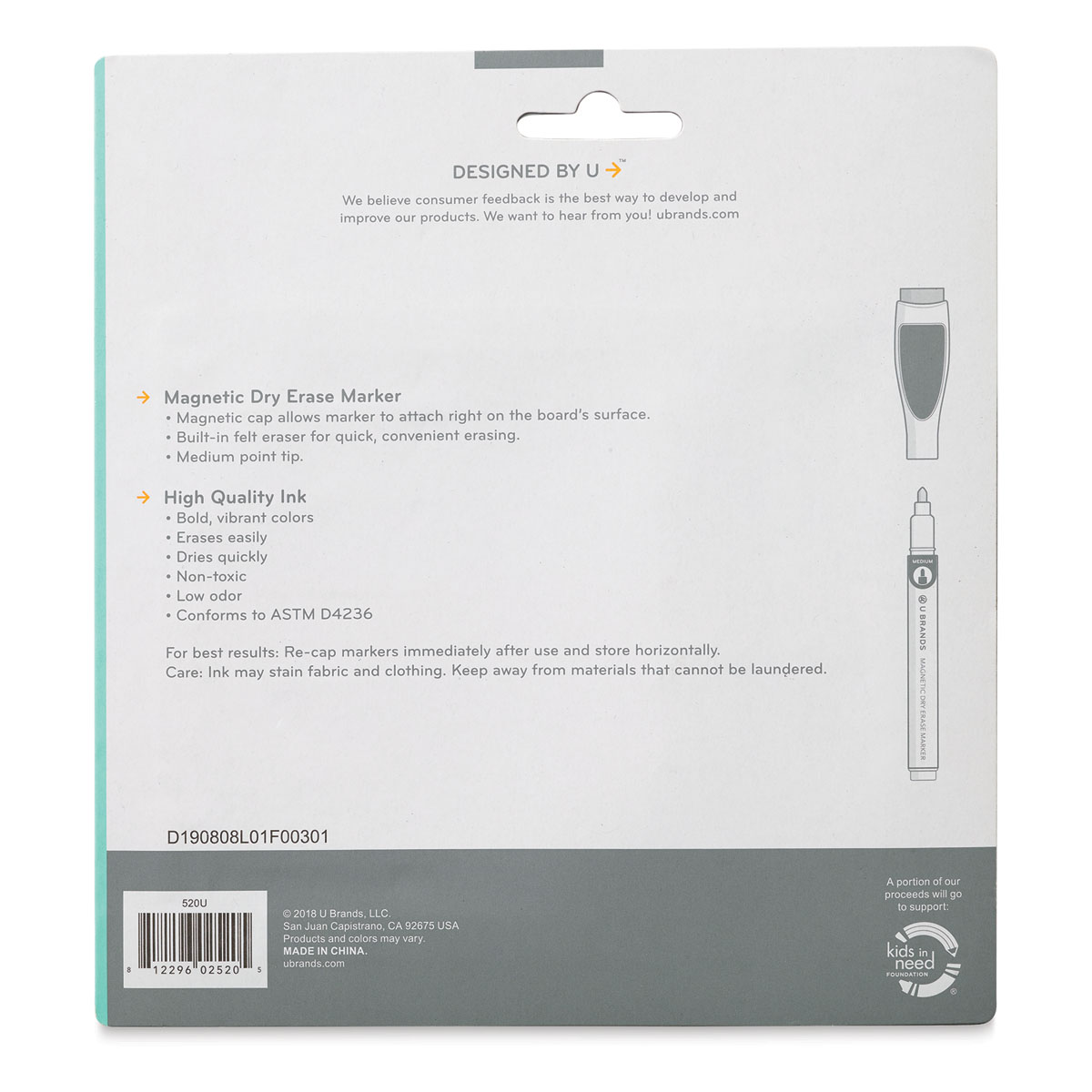 U Brands Assorted Double-Ended Dry Erase Magnetic Markers, 6/Pkg (507U0624)