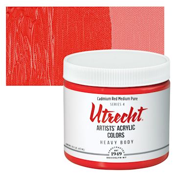 Open in modal - Utrecht Artists' Acrylic Paint - Cadmium Red Medium Pure, Pint and swatch