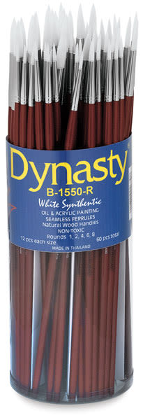 Dynasty Synthetic White Bristle Brush Canister - 60 Rounds with long handle shown in open Canister