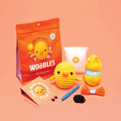 The Woobles Beginner Crochet Amigurumi Kits - Chick (kit contents with finished project and packaging)