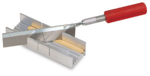 Excel Blades Mitre Box Set - Shown with blade positioned to cut piece of wood at 45 degree angle