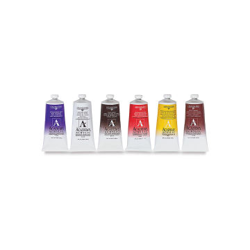 Grumbacher Academy Acrylics - Components of Set of 6 Introductory Colors shown upright