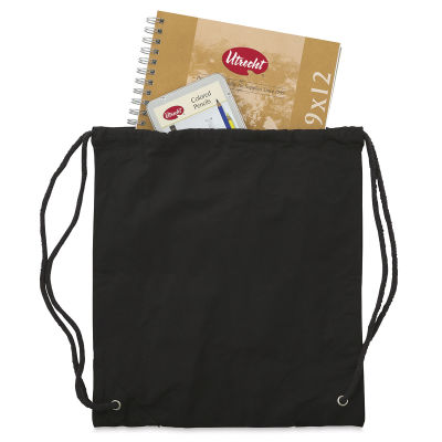 Drawstring Backpack - Top view of open Black Backpack with sketchbook and pencil pack (not included)