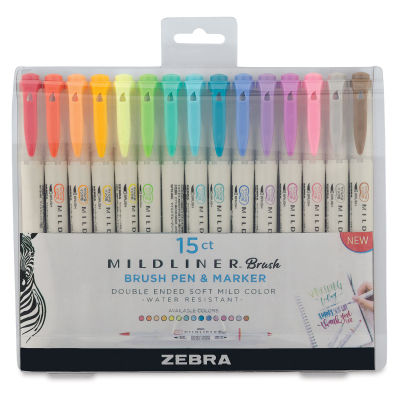 Zebra Mildliner Double Ended Brush Pen Sets - Front of package of Set of 15 Assorted Colors