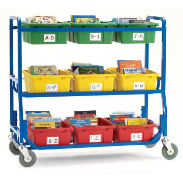 Copernicus Library On Wheels - Angled view of cart holding 9 tubs of books
