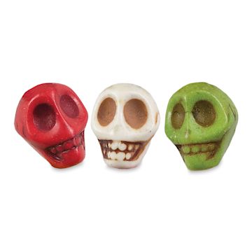 Open in modal - John Bead Semi-Precious Skull Beads - Closeup of three 10 mm Multicolor Skull Beads
