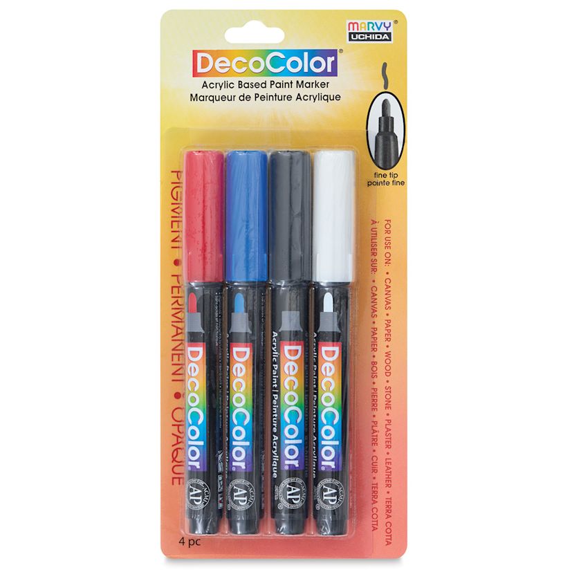 Decocolor Acrylic Paint Markers Primary Colors, Set of 4, Fine