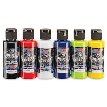 Open in modal - Createx Wicked Colors Airbrush Paint Sets - Component bottles of 6 pc Opaque Primary Color set 