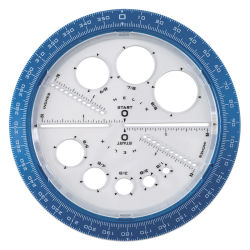 Helix Angle and Circle Maker - Top view of tool showing various size holes and protractor markings