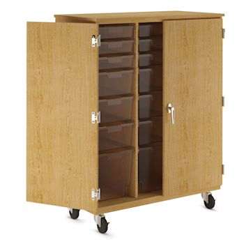 Open in modal - Diversified Spaces Mobile Tote and More Storage Cabinet with Locking Doors - Oak with Clear Totes