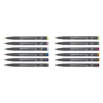 Open in modal - Staedtler Pigment Arts Brush Pens - Nature Colors, Set of 12 pens laid out with caps off