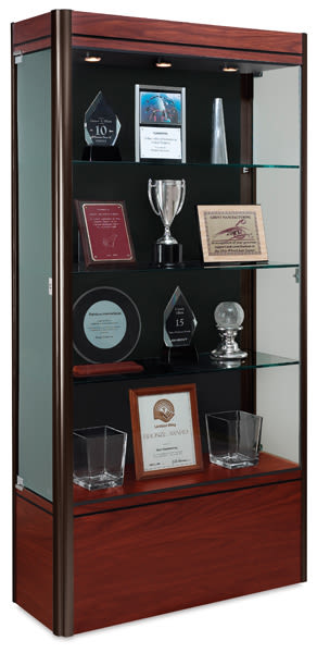 Contempo 36" Display Case-side view showing locking door, 3 glass shelves, cherry/bronze finish