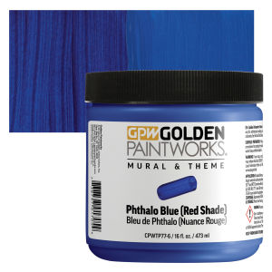 Golden Paintworks Mural and Theme Acrylic Paint - Phthalo Blue (Red Shade), 16 oz, Jar with swatch