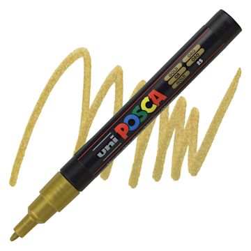 Open in modal - Posca Paint Marker - Gold, Fine, Bullet Tip, 0.9 mm - 1.3 mm - marker and swatch