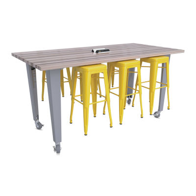 CEF Idea Island Work Table, 34" high with 6 yellow stools. 