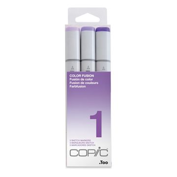 Open in modal - Copic Sketch Markers, Set of 3. Color Fusion 1 set. Front of package, light to dark lavender colors.