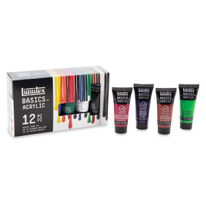 Liquitex Basics Acrylic Paint, Set of 12. Outside of box with four standing tubes. 
