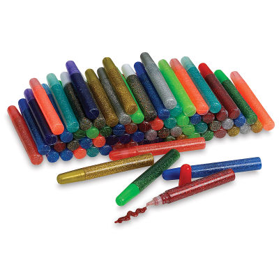 Glitter Glue Pens Class Pack - 72 assorted color Glue pens shown with one Red pen open