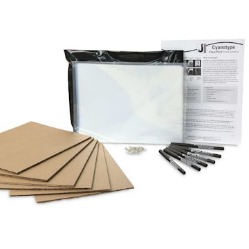Open in modal - Jacquard Cyanotype - Class Pack. Array of fabric and film sheets, markers, T-pins, backer boards.