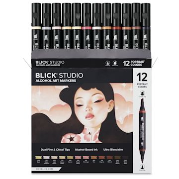Open in modal - Blick Studio Double-Ended Alcohol Art Markers - Portrait Colors, Set of 12, front of packaging