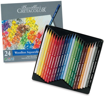 Cretacolor Woodless Watercolor Pencils, Set of 24 shown open in tray next to cover of package