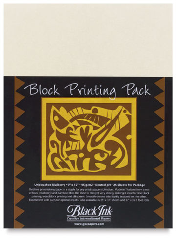 Black Ink 9-Inch by 12-Inch Unbleached Mulberry Block Printing Paper 25-Pack