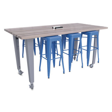 CEF Idea Island Work Table, 34" high with 6 royal blue stools. 
