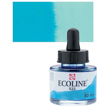 Open in modal - Ecoline Liquid Watercolor with Dropper - Turquoise Blue, 30 ml jar and swatch
